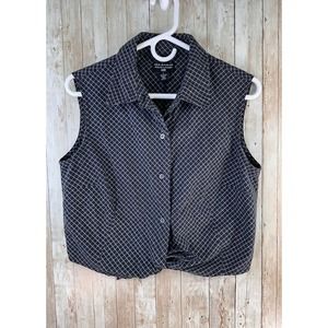 Ralph Lauren Womens Top Large Black‎ Grey Plaid Butto Up Collared Sleeveless